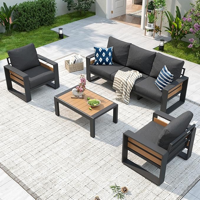 Aoxun Aluminum Patio Furniture Set, 5 Seats Luxury Outdoor Sectional with 6" Olefin Fabric Cushions, Patio Conversation Sets with Coffee Table Outdoor Sofas for Backyard, Deck, Dark Grey