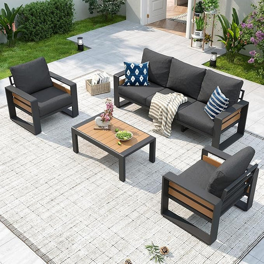 Aoxun Aluminum Patio Furniture Set, 5 Seats Luxury Outdoor Sectional with 6" Olefin Fabric Cushions, Patio Conversation Sets with Coffee Table Outdoor Sofas for Backyard, Deck, Dark Grey