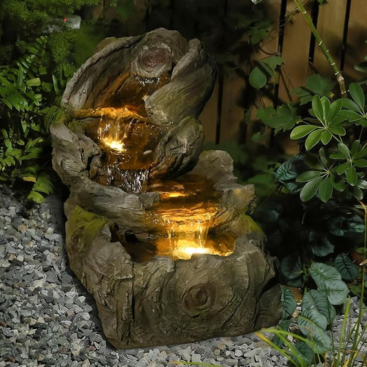 31.5" L Outdoor Water Fountain with 3 Tiers Cascading Realistic Tree Trunk Waterfall Fountains with LED Lights Outdoor Water Fountain for Garden Patio Backyard Porch Home Decor