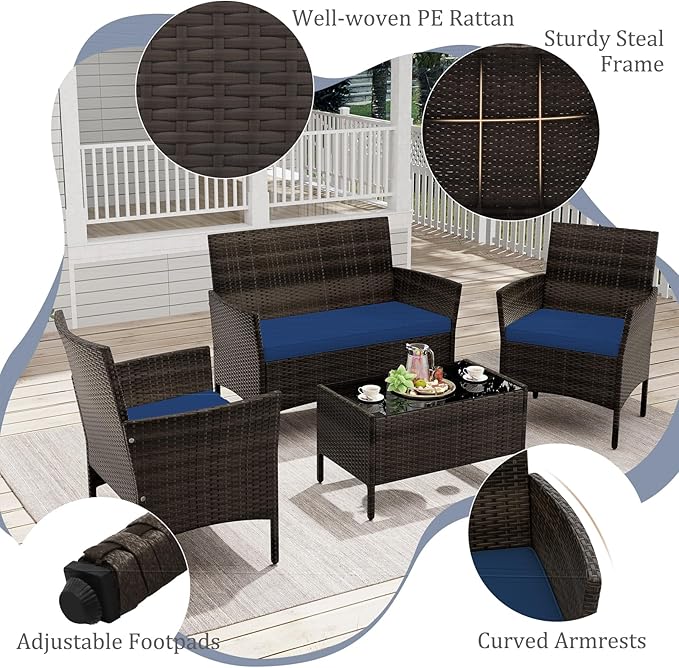KOTEK 8 Piece Patio Furniture Set, Outdoor Rattan Conversation Set with Loveseat, Wicker Chairs, Tempered Glass Coffee Table, Wicker Patio Set for Backyard, Porch (Navy)