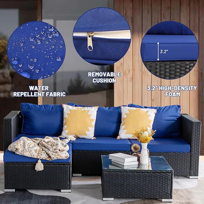 5 Piece Rattan Patio Furniture Set, Outdoor Patio Conversation Set with Table,Soft Cushion and Backrest,Modern Chairs and Table Sets,Outdoor Furniture for Porch, Garden, Lawn,Black/Blue