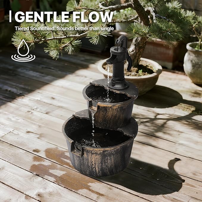 MoNiBloom Outdoor Water Fountains, 27" Tall 2-Tier Barrel and Pump Waterfall Fountain and Pump for Outdoor Patio Garden Backyard Decking, 11 L Water Capacity, Bronze