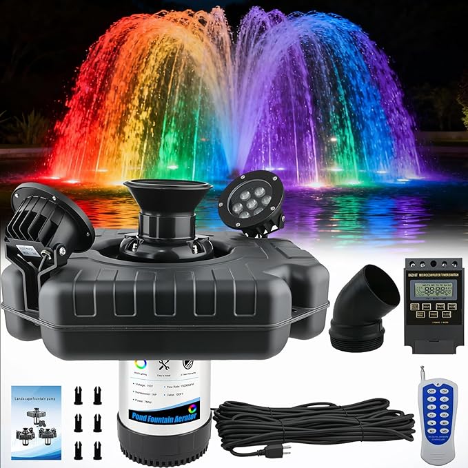 Pond Fountain Aerator with Lights RGB LED, 1HP 750W Floating Fountain System for Outdoor Lake Pond, 110V 15000 GPH Fully Automatic Stainless Steel Fountain Pump with 2 LED Lights 100 Feet Power Cord