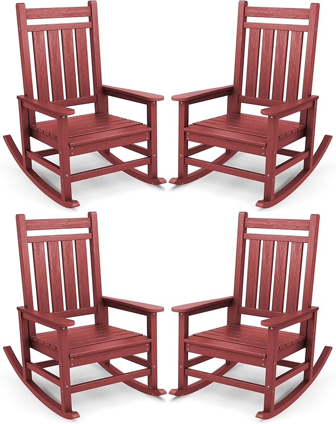SERWALL Oversized Outdoor Rocking Chair Set of 4, HDPE Rocker for Adults, Patio Rocking Chairs for Porch, Crimson Red by SERWALL