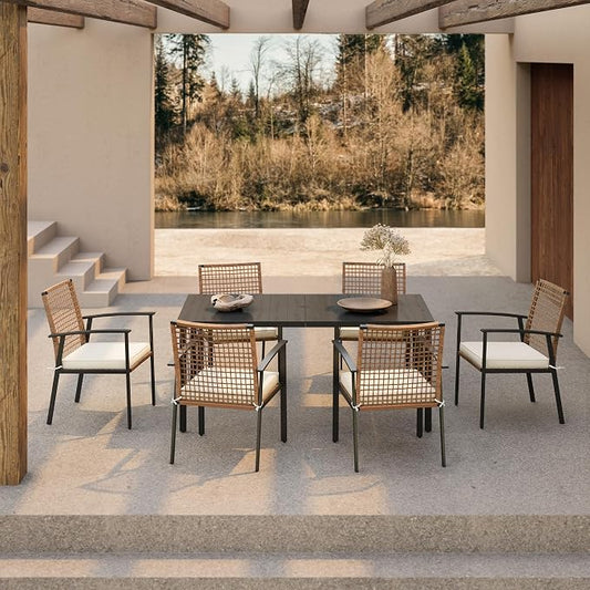 LAUSAINT HOME 7 Pieces Patio Dining Set, Outdoor Furniture Set of 6 Chairs with Soft Cushion and Iron Slats Table Top with Umbrella Hole, Conversation Set for Backyard, Garden and Poolside by LAUSAINTHOME