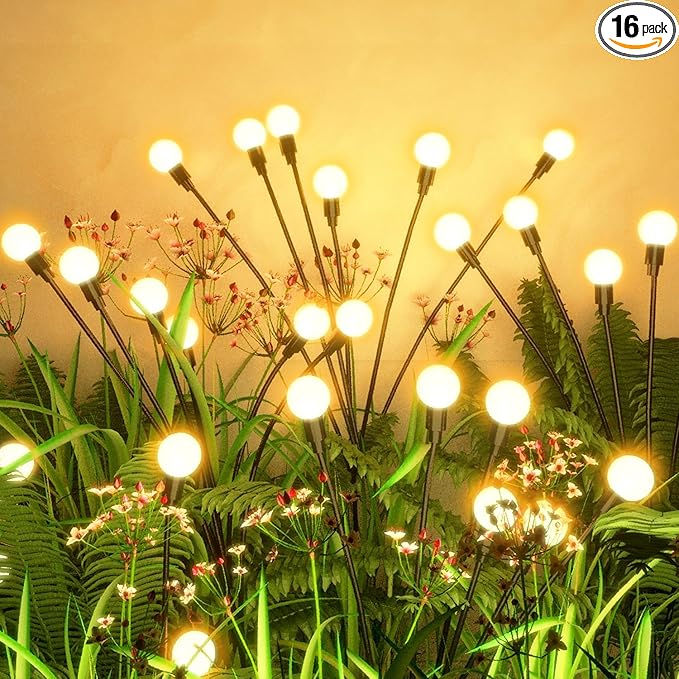 Flumy Solar Garden Lights Outdoor - 16 Pack 128 LED Firefly Lights Waterproof, Garden Decorations for Yard Patio Pathway Lawn Outside, Unique Gifts for Grandma Women, Solar Decor Warm White