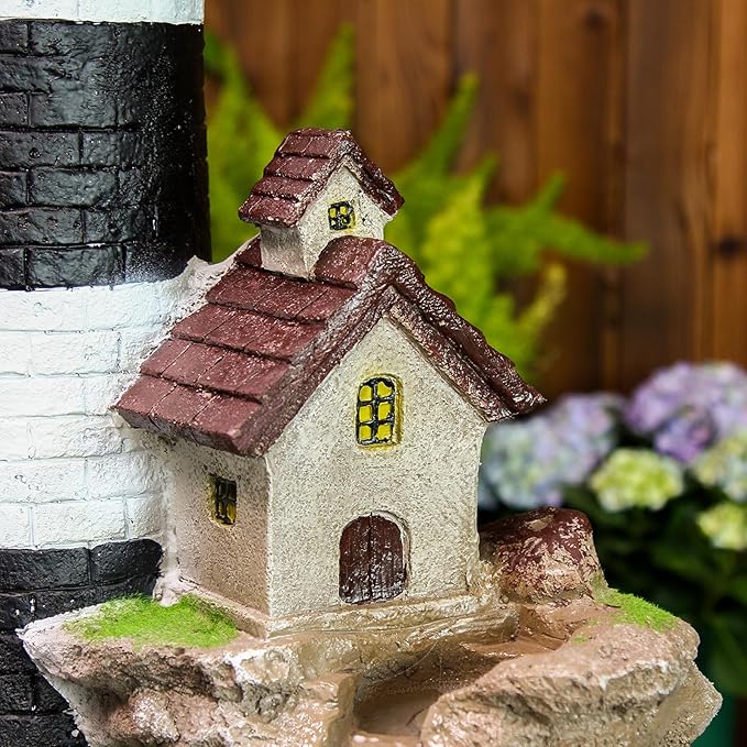 YZM 38.58" H Lighthouse Floor Waterfall Fountain with LED Lights 3-Tiered Rock Water Fountain Outdoor Garden for Patio Backyard Home Decor
