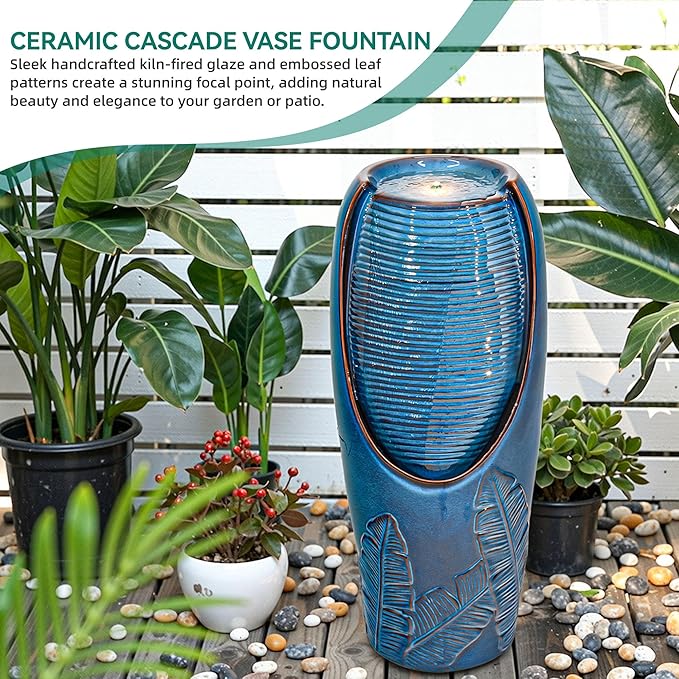 32" H Outdoor Garden Fountain with LED Lights, Modern Ceramic Jar Water Feature, Tropical Leaf Embossed Pattern, Teal Blue Glaze, Soothing Cascading Waterfall for Patio, Yard, Porch