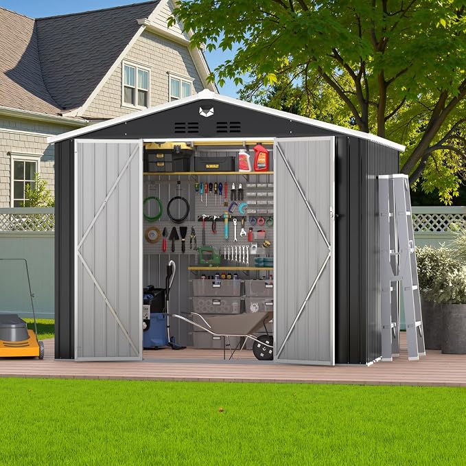 10x8 FT Outdoor Storage Shed, Metal Garden Shed, Storage Tool Sheds with Lockable Doors, Waterproof Outside Storage Building for Backyard, Patio (Black; Floor Not Included) - Image 9