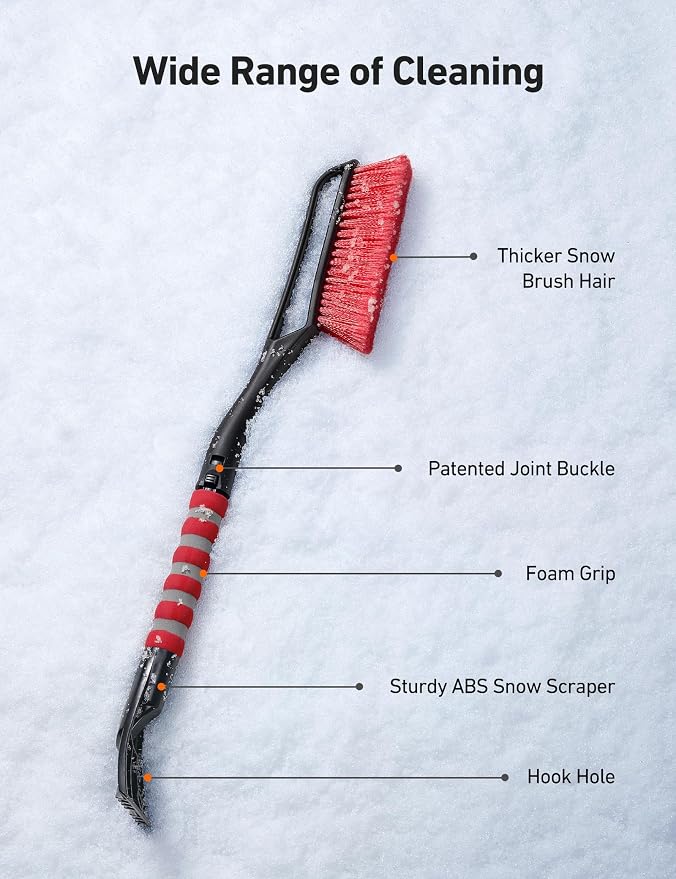 AstroAI 2 Pack 27" Snow Brush and Ice Scrapers for Car Windshield, Detachable Snow Scrapers with Ergonomic Foam Grip for Cars, Trucks, SUVs (Heavy Duty ABS, PVC Brush, Orange) - Image 7