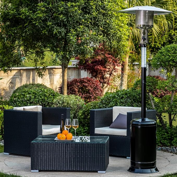 Patio Heater, 47000 BTU Propane Heater Outdoor, Double-Layer Stainless Steel Burner with Wheels, Tall Gas Patio Heater for Party, Backyard, Garden, Hammered Black