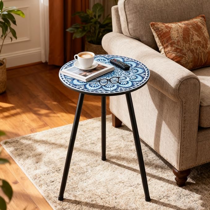 1 Pack Metal Mosaic Round Side Tables 13.4" Small Outdoor Patio Round Accent Coffee Tables Indoor Corner Stand for Small Spaces Weather-Resistant for Balcony, Porch Plant Stands Indoor, Light Blue - Image 2