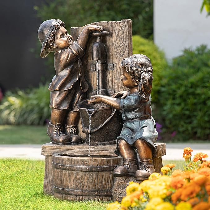Glitzhome Outdoor Water Fountain with LED Light, Children Playing with Faucet Waterfall Fountains, Antique Bronze Resin Boy and Girl Statue Outdoor Waterfall Fountain for Patio Backyard Garden, 25”H