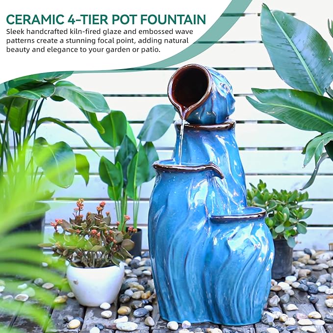 29" Outdoor Water Fountain, Ceramic Outdoor Fountain, Stacked 4-Tier Pots Waterfalls for Garden, Patio, Yard, or Porch Decor, Creating Relaxing Serene Oasis, Dynamic Wave-Texture, Turquoise