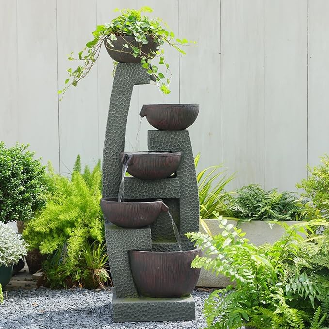 47.4" Large Outdoor Water Fountain with Planter Top & LED Lights, 5-Tier Cascading Garden Water Fountain, Modern Patio Waterfall Feature for Backyard, Patio & Lawn, Indoor & Outdoor Decor