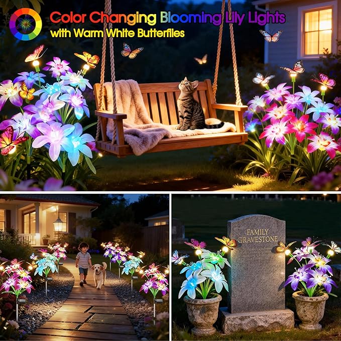 Garpar Solar Lights Outdoor Decorative, Upgraded 4 Pack Flowers with 16 Color Changing Lilies and 12 Butterflies, Brighter Waterproof Garden Decor for Yard Lawn Pathway, Mom Women Grandma Gift