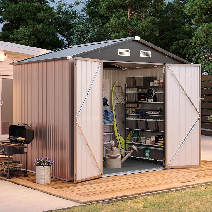 Aoxun 8x6FT Shed with Floor Galvanized Steel Outdoor Storage Shed Metal Garden Shed with Double Doors, Moisture-Proof Floor & Ventilation, Sloped Roof for Bike/Generator/Tool Storage (Brown) by Aoxun