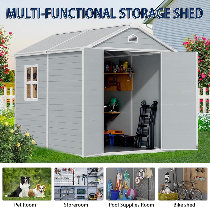 8x6 FT Outdoor Resin Storage Shed with Floor, All-Weather Plastic Garden Shed with Lockable Door & Windows, Waterproof Outside Tool Sheds for Backyard, Patio, Lawn, Tools Storage - Gray - Image 7
