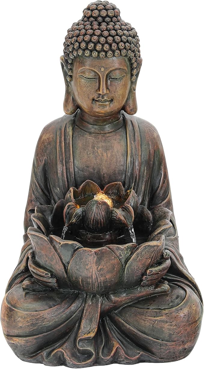 29" Outdoor Fountain, Zen Meditating Buddha Water Feature with LED Lights, Resin Lotus Soothing Cascading Waterfall for Patio, Backyard, Garden or Porch