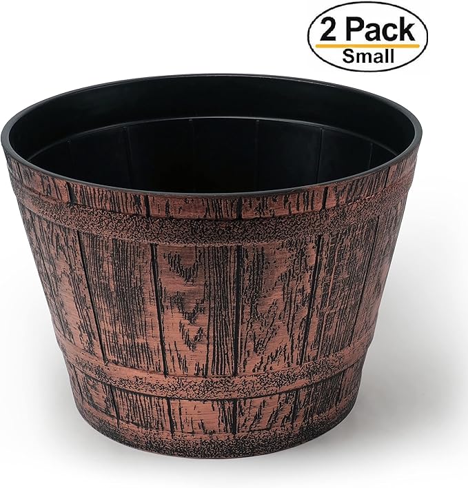 Sapphire Plant Pots Set of 2 Pack 10 inch, Copper Whiskey Barrel Planters with Drainage Holes. Plastic Decoration Flower Pots Imitation Wine Barrel Design (Copper-S)