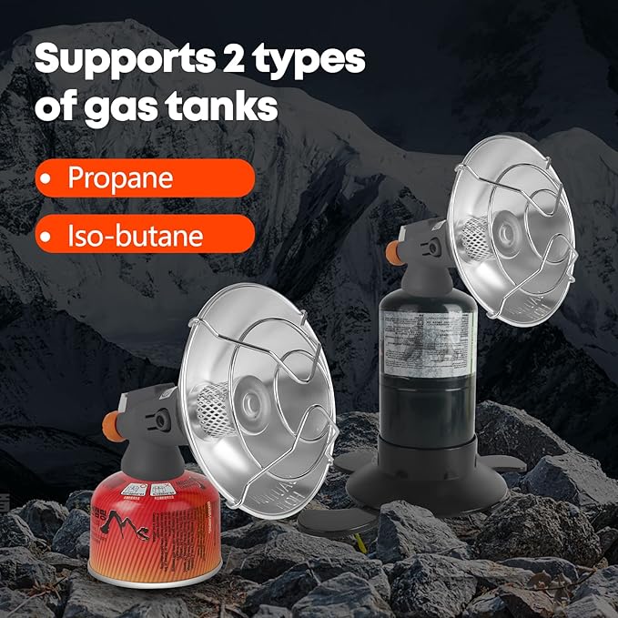 Portable 1 lb Propane & Iso-Butane Heater, Dual Fuel Camping Heater for Tent, Self Ignite & Tip-over protection Base, Compact Gas Heater for Outdoor, Ice Fishing, Backpacking, Survival Gear