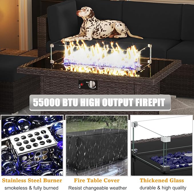 LayinSun 7 Pieces Outdoor Patio Furniture Set with 44" Fire Pit Table Brown Rattan Sectional Sofa Conversation Sets