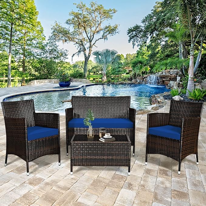HAPPYGRILL 4 Pieces Patio Sofa Set Rattan Wicker Furniture Patio Conversation Set with Cushioned Sofa and Coffee Table for Outdoor Backyard Garden Poolside