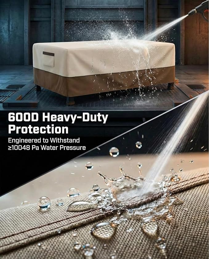 Waterproof Patio Coffee Table Cover, 600D Heavy Duty Outdoor Furniture Covers, Weather & UV Resistant, Windproof with Buckles, Rectangular Table Cover for Backyard Patio 48 x 28 x 16 in, Beige & Brown - Image 5
