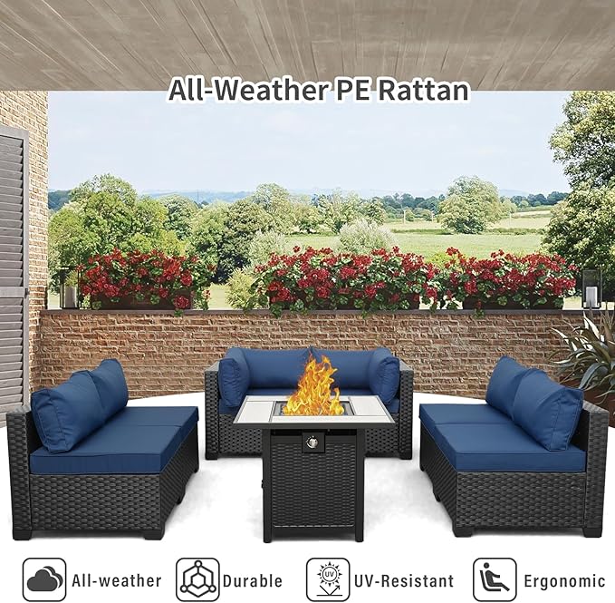 Valita Patio Furniture Set 30 Inches Fire Pit 7-Piece Outdoor Sectional Patio Couch 50000 BTU Steel Propane Fire Pit Table with No-Slip Cushions and Waterproof Cover, Navy Blue