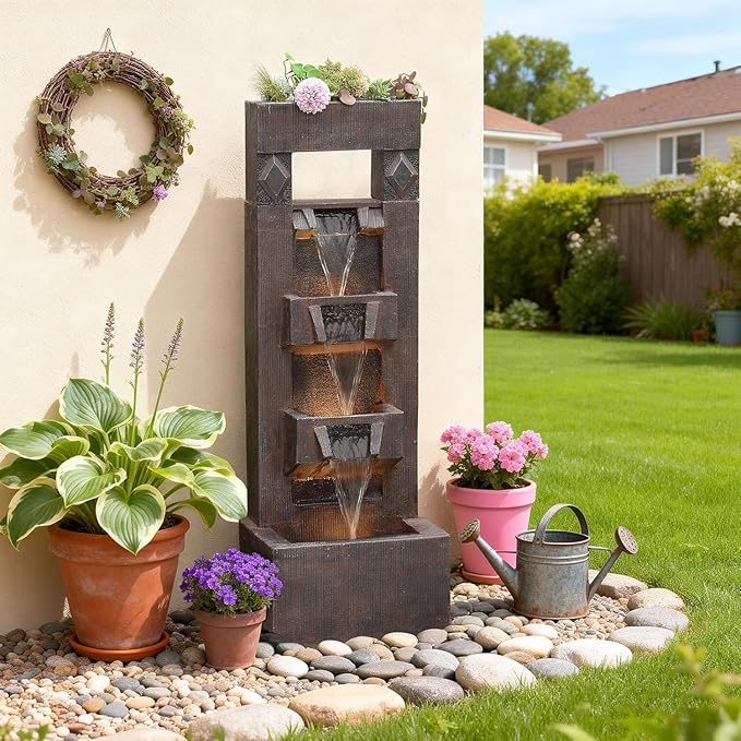 40.9" H Indoor Outdoor Modern Water Fountain with Lights & Pump, 4-Tier Cascading Outdoor Patio Waterfall Fountain for Garden, Porch, Yard, Landscape, Indoor Décor, Brown Vintage Wood-Look