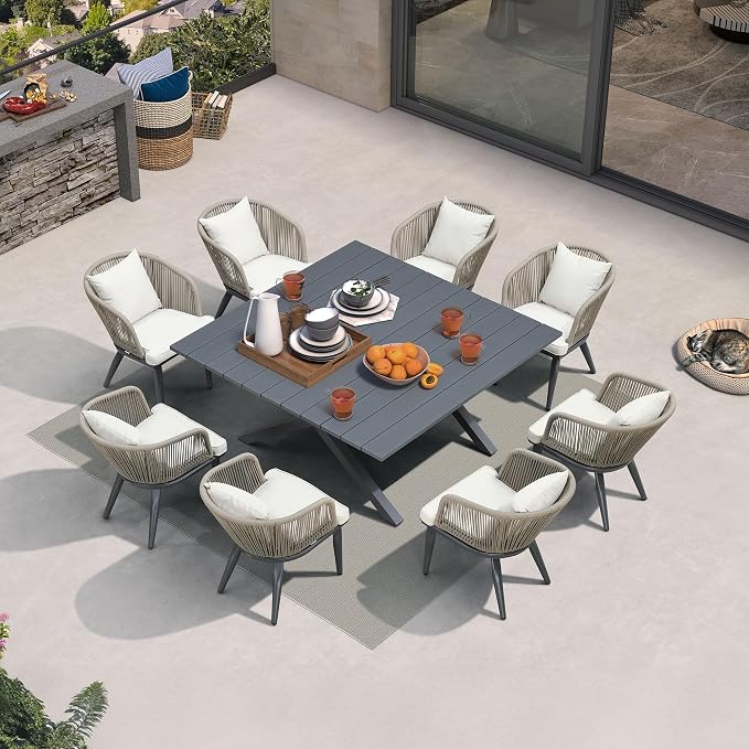PURPLE LEAF 9 Pieces Outdoor Metal Furniture Set Patio Conversation Sets Dining Set, 1 Square Dining Table and 8 Modern Chairs with Cushions Seat Taupe - Image 2