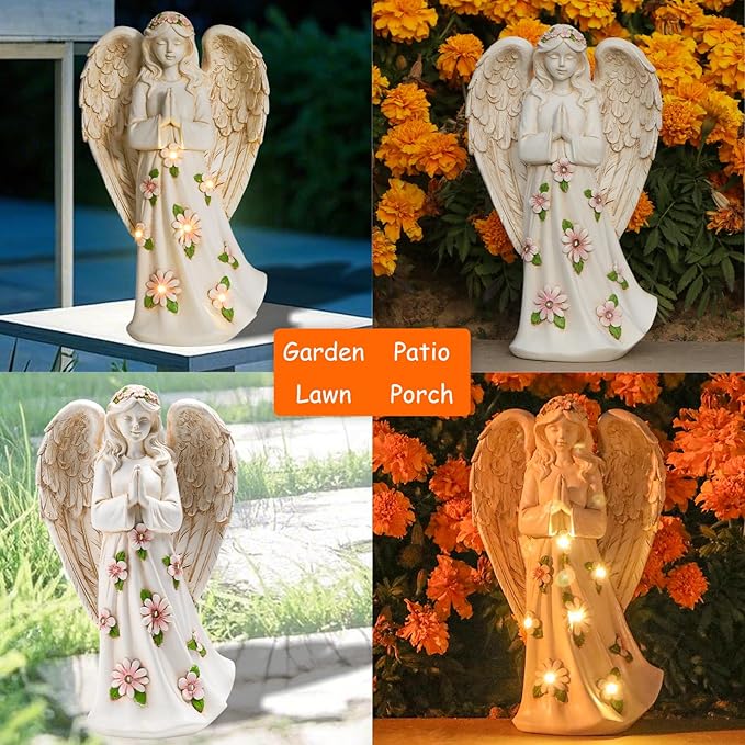 Angel Statue for Garden - 9.65 inches Guardian Solar Garden Statue, Gardening Gifts for Mom Grandma Lawn Ornaments Figurines for Outdoor Decor