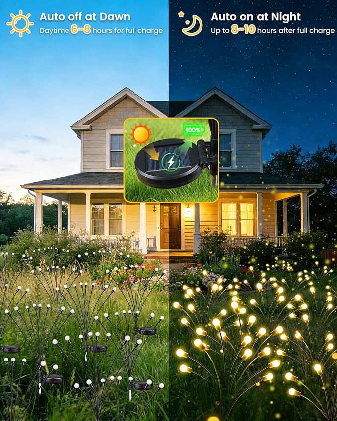 OZS 12 Pack Total 96 LED Solar Garden Lights Fairy Outdoor - Solar Firefly Lights Outdoor, Sway by Wind, Waterproof for Garden Patio Pathway Fairy Decoration (Warm White)