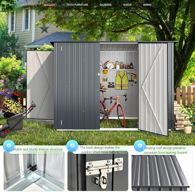 AECOJOY 4'x7' Outdoor Storage Lean to Shed,7x4 Outdoor Horizontal Metal Sheds & Outdoor Storage with Triple Lockable Door, Small Metal Storage Cabinet for Bicycles, Tools Storage for Garden Use - Image 5
