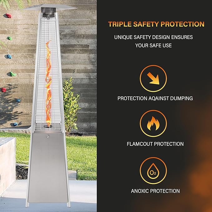 Pyramid Patio Heater, 48000 BTU Glass Tube Propane Patio Heater with Wheels and Cover, Outdoor Propane Heaters for Patio, Backyard, Garden, Porch, and Pool