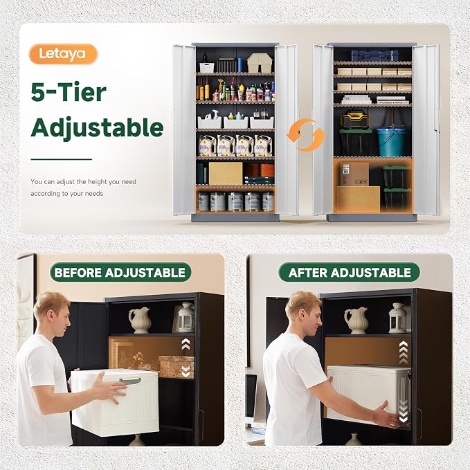 Letaya Metal Storage Cabinet with Lock Door and 5 Shelves,6 Tier Steel Garage Tool Cabinet for Home Office Utility Room 72" H X 36" W X18 D (White Gray) - Image 4