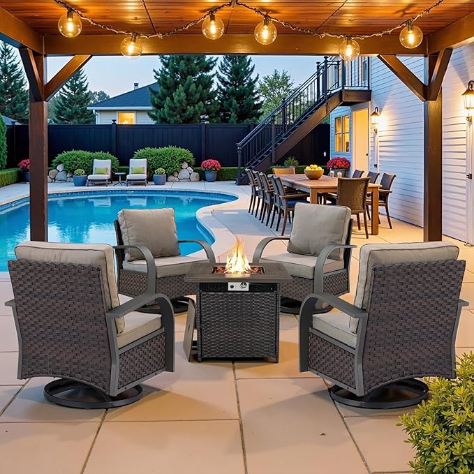 Belord 5 Pieces Patio Furniture Set with Fire Pit Table - 4 Outdoor Swivel Rocker Chairs with 50000 BTU Propane Fire Pit Table, Patio Conversation Sets for Outside Backyard Patio Casual Gathering