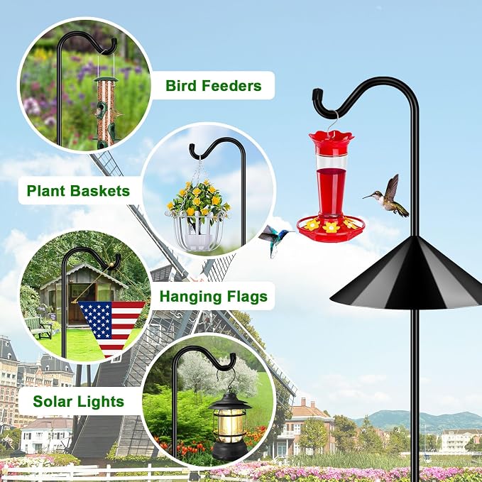 FEED GARDEN 92’’ Bird Feeder Pole Squirrel Proof 1 Pack, Adjustable Tall Shepherds Hooks for Outdoor with 7 Prongs Base, Heavy Duty Shepherd Hook with Baffles, Pole for Bird Feeder, Plant Baskets - Image 4