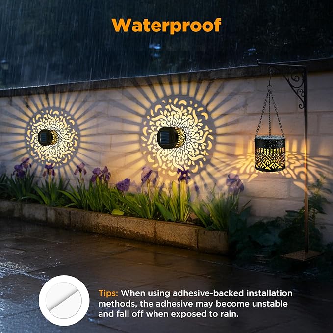 Forlivese 4 Pack Solar Powered Fence Lights, Metal Mandala Solar Lights Outdoor, LED Hanging Solar Lanterns Garden Decor for Yard, Porch, Backyard, Gifts for Mother Grandma, Warm White