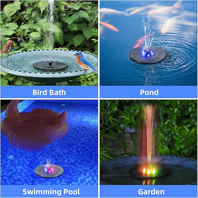AMIAEDU Solar Fountain, Powered Water 4W Pump for Bird Bath with LED Lights, 7 Nozzle and Fixer Hummingbird Garden, Pond, Pool, Fish Tank, , Black