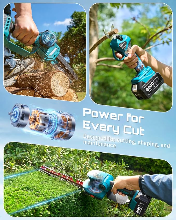 SEESII Electric Chainsaw Trimmer Pruner: 3-in-1 Cordless Chainsaw, Hedge Trimmer, Pruning Shears with 2× Rechargeable 4000mAh Batteries, Garden Tool Kit for Tree Trimming and Branch Cutting - Image 3