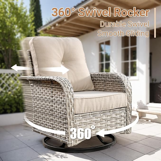 HOOOWOOO Outdoor Patio Furniture Set with Light Table,7 Pieces Wicker Conversation Set,All Weather High Back Couch Sofa Swivel Chairs Ottomans Set,Beige