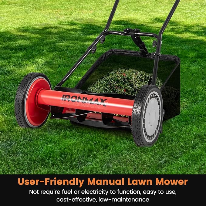 IRONMAX Lawn Mower, 16 Inch Push Reel Lawn Mower with 5 Steel Blades, Adjustable Cutting Heights, Grass Catcher Bag, Walk-Behind Manual Lawnmower for Garden Park Yard, No Motor (Red, 16 Inch) - Image 2