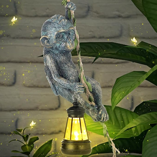 Solar Light Outdoor Monkey Statues Bronze 7.48 Inch Resin Chimpanzee Baby Monkey Climbing on Vine with LED Lantern Waterproof Hanging Figurine with Hook for Yard Garden Wall