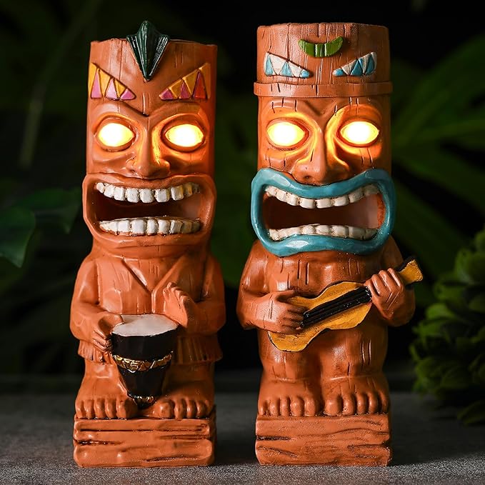 Suzile 2 Pcs Solar Tiki Statues for Outdoor Decor 9.84 Inch Tiki Bar Decorations Statues with Flickering Eyes LED Light Solar Sculpture Decor for Bar Lawn Yard Garden Gifts