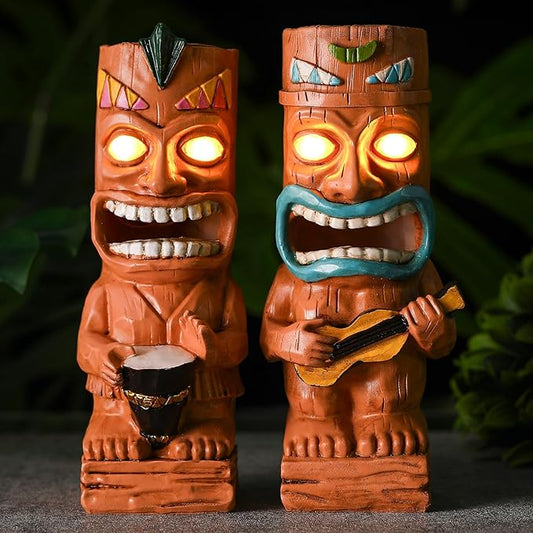 Suzile 2 Pcs Solar Tiki Statues for Outdoor Decor 9.84 Inch Tiki Bar Decorations Statues with Flickering Eyes LED Light Solar Sculpture Decor for Bar Lawn Yard Garden Gifts