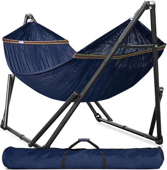 Tranquillo Universal Double Hammock with Stand Included for 2 Persons/Foldable Hammock Stand 600 lbs Capacity Portable Case - Inhouse, Outdoor, Camping, Aegean by Tranquillo