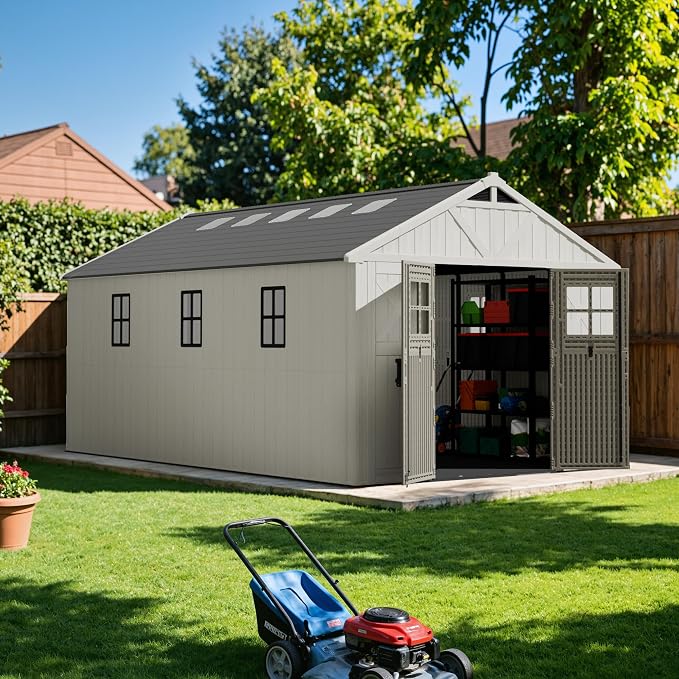 Devoko 10x16 FT Resin Storage Sheds with Floor, Large Plastic Outdoor Garden Shed with Windows & Lockable Doors, Outside Utility Storage Tool Shed for Patio Backyard Lawn, Beige by DEVOKO