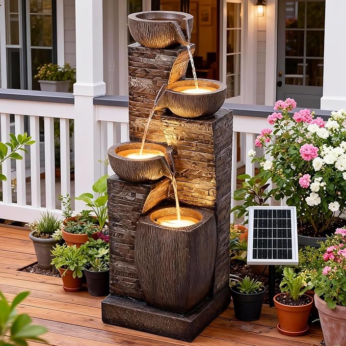 38.2" Tall Solar Water Fountain Outdoor Garden,Stone Texture Modern 4 Tiers Cascading Bowls Garden Fountains Outdoor,Suit for Patio, Deck, Porch, Lawns, Backyard and Home Art Decor