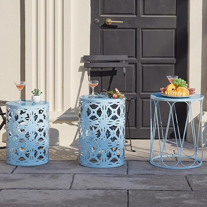 Y&M Set of 3 Heavy-Duty Round End Table, Side Table, Coffee Table for Indoor Multifunctional Use, Outdoor Decorative Garden Stool Plant Stand-Blue - Image 5
